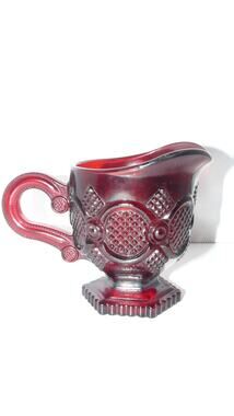 Vtg Avon Cape Cod Ruby Red Glass Creamer Pitcher w Handle Diamond  Pattern MCM
